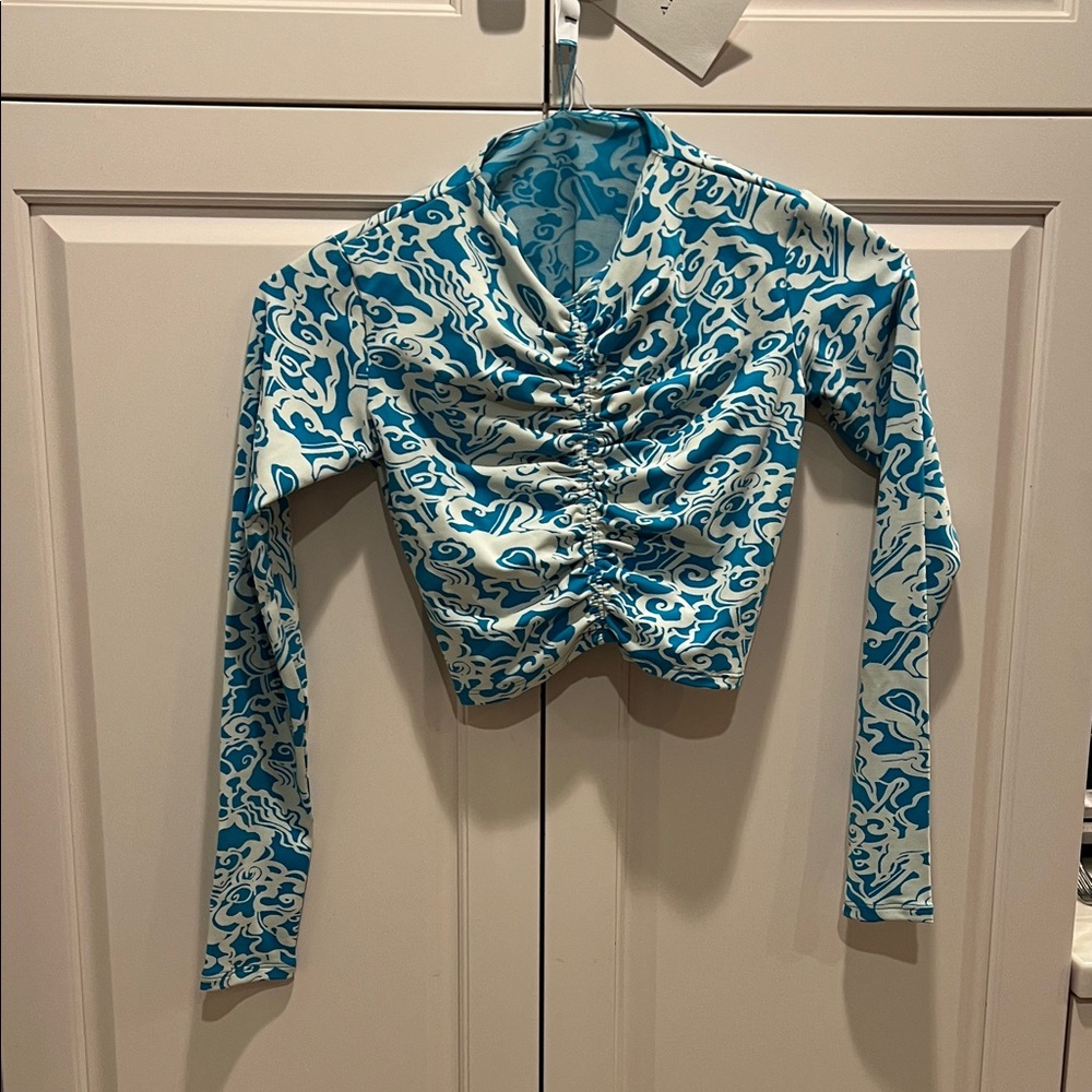 A.L.C. Blue and White Ruched Crop Top I